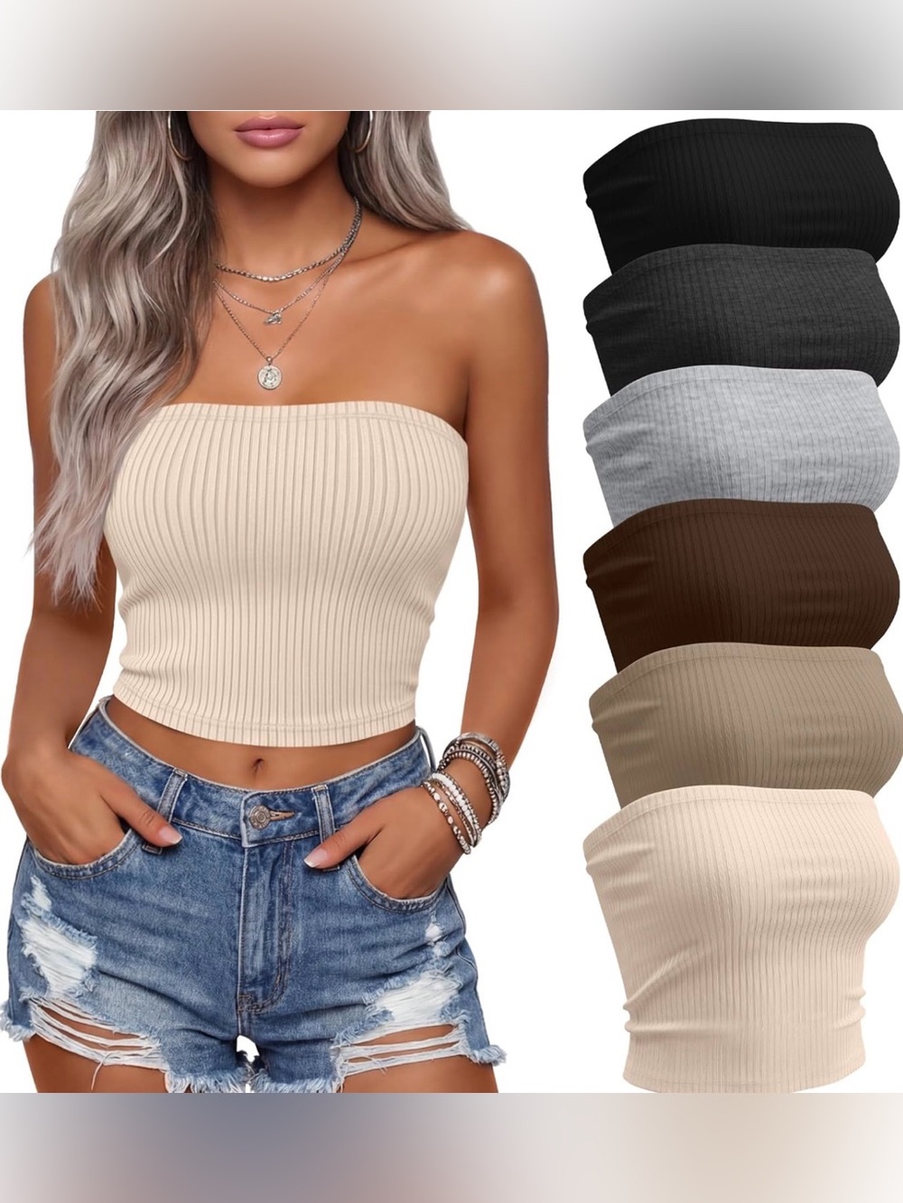 6 Seamless Ribbed Tube Top - Beige Strapless Cropped Tank XL NWT